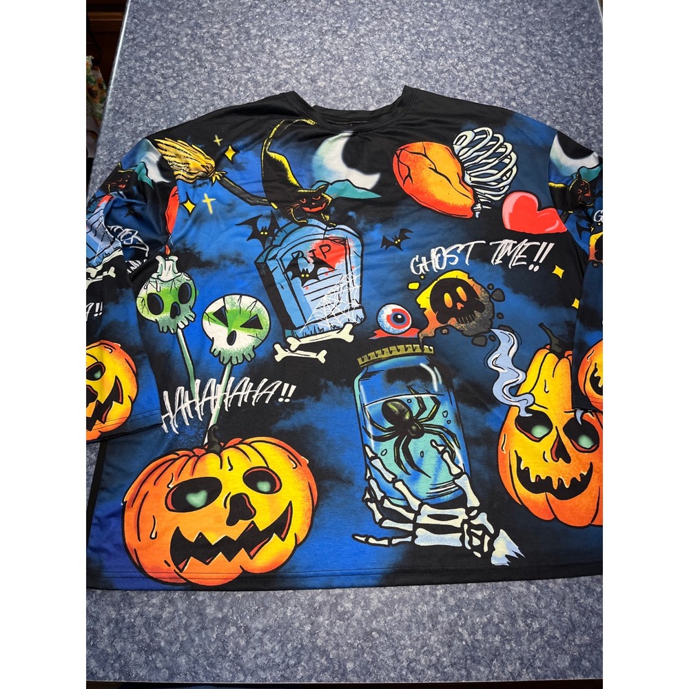 SHEIN Curve Halloween Graphic Long Sleeve Top 4XL Black Blue Pumpkins Skulls